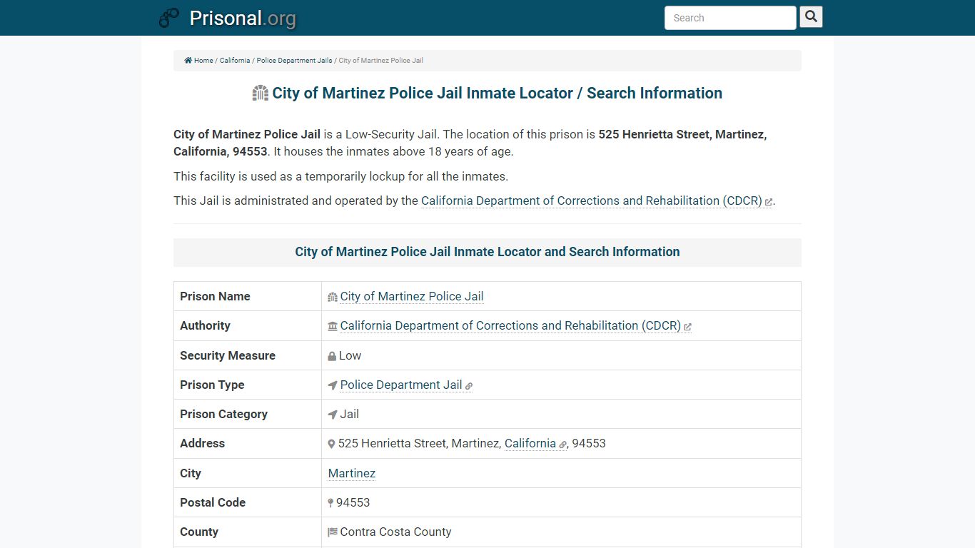 City of Martinez Police Jail-Inmate Locator/Search Info ...